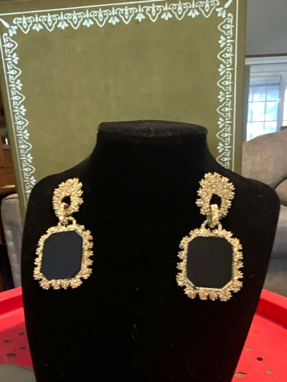 Gold Tone Textured Rectangle Dangle Drop Earrings Metal Hook Closure No Stone